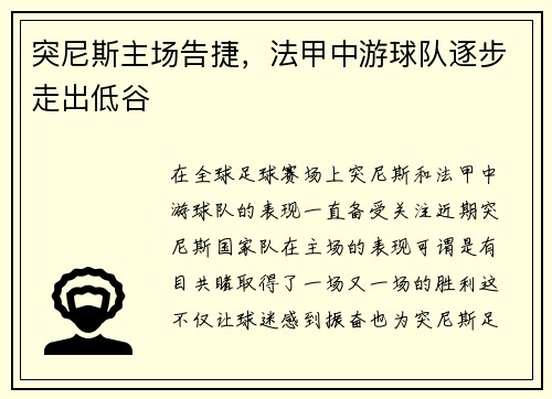 突尼斯主场告捷，法甲中游球队逐步走出低谷