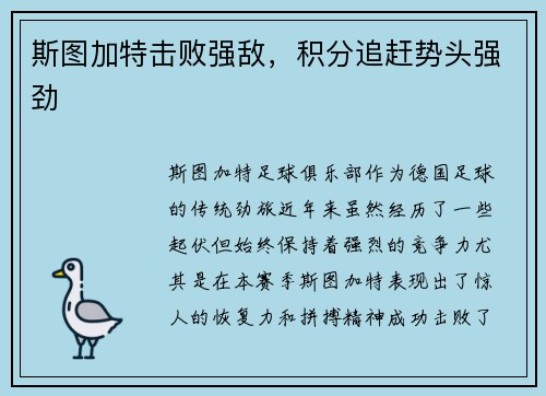 斯图加特击败强敌，积分追赶势头强劲