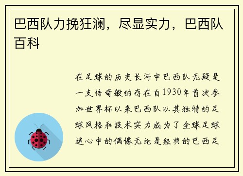 巴西队力挽狂澜，尽显实力，巴西队百科